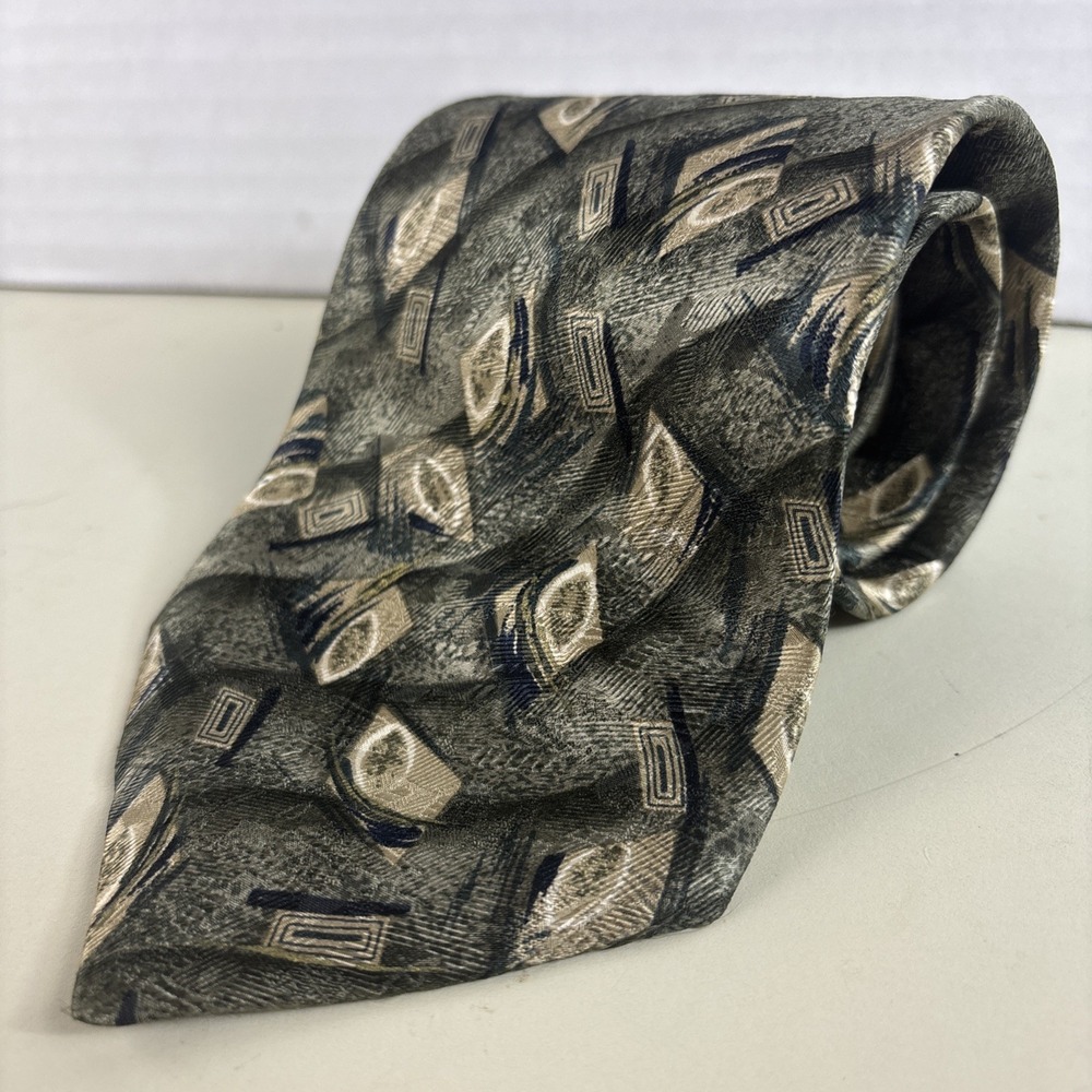 100% Silk Necktie Geometric Waves Brown/Green 80s/90s Art USA PURITAN 60x4 Tie